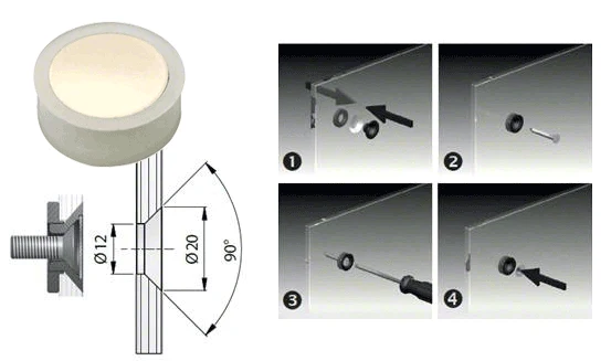 Mini-Punkthalter für Glas, flächenbündig, rahmenlos, Ø 20 mm, für 6-8 mm Glas, 2 Oberflächen