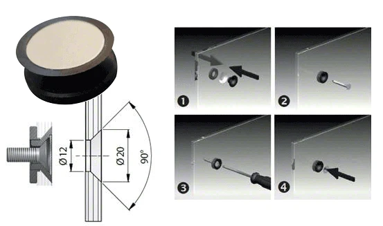 Mini-Punkthalter für Glas, flächenbündig, rahmenlos, Ø 20 mm, für 6-8 mm Glas, 2 Oberflächen