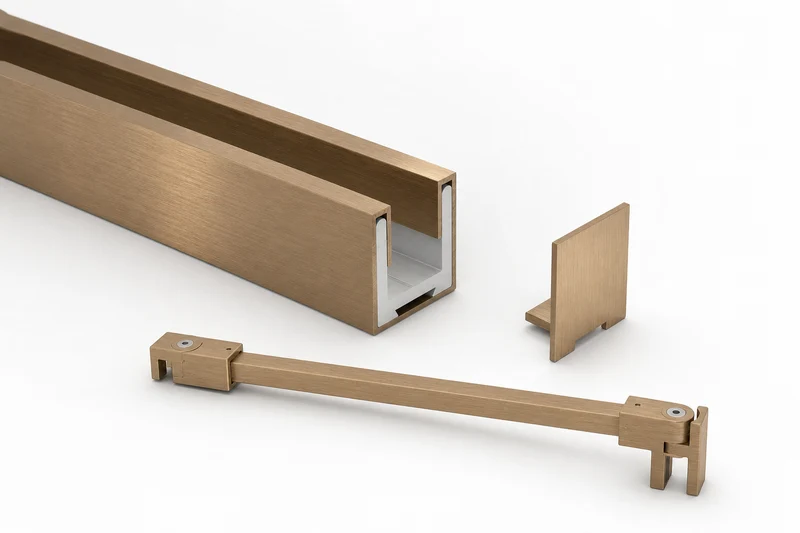 Komplett-Set Bronze matt gebürstet für feststehende Glasdusche, Stabilisierungsstange eckig 12×12 mm und U-Profil mit Edelstahlmantel, für 8 mm Glas, Art.Nr. SET-SQ1212-BEL-GBZ
