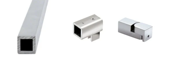 Stabistangen-Set 45° eckig, Massivmessing verchromt 15x15 mm, Glas-Wand 45°, 495 mm, 6-8 mm Glas, Art.Nr. SQ1505SET45CH