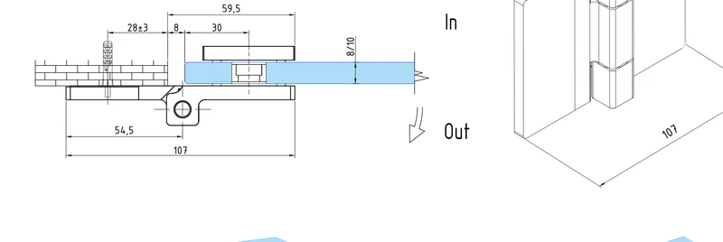 COMO Anschlagband 180° Glas-Wand – Messing massiv, 8/10 mm ESG, verdeckte Verschraubung, eckiges Design, Art.Nr. COM054