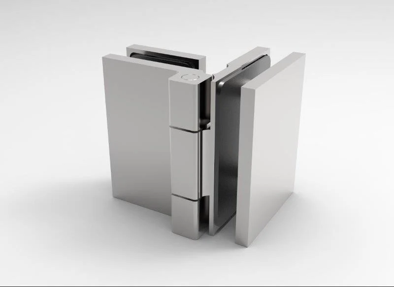 COMO Anschlagband 90° Glas-Glas nach außen öffnend – Messing massiv, 8/10 mm ESG, verdeckte Verschraubung, Art.Nr. COM092A