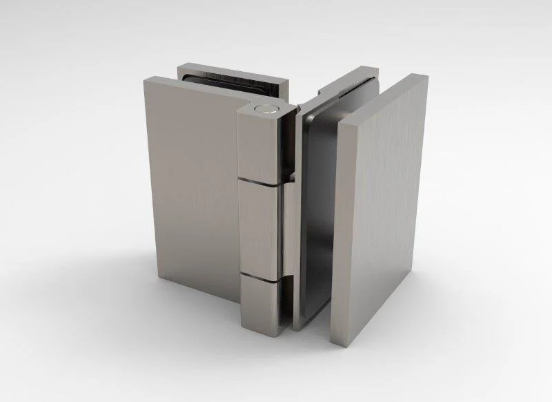 COMO Anschlagband 90° Glas-Glas nach außen öffnend – Messing massiv, 8/10 mm ESG, verdeckte Verschraubung, Art.Nr. COM092A