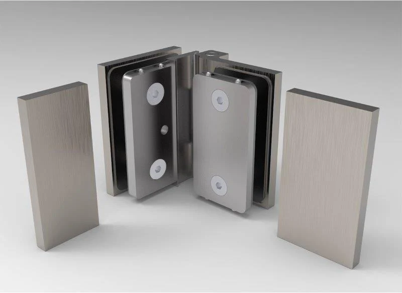 COMO Anschlagband 90° Glas-Glas nach außen öffnend – Messing massiv, 8/10 mm ESG, verdeckte Verschraubung, Art.Nr. COM092A