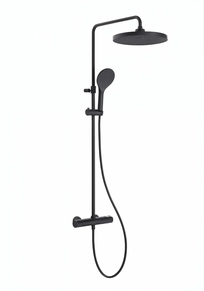 Vigour V2 Duschsystem mit Thermostat, Kopfbrause 310 mm rund, 3-strahlige Handbrause, schwarz matt, Art.Nr. V22DS310RSM