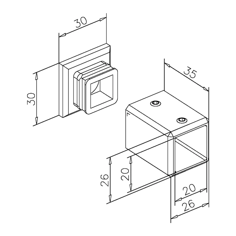 Stabistangen-Set – Vierkant 20x20 mm V2A, Glas-Decke vertikal, Art.Nr. 6415