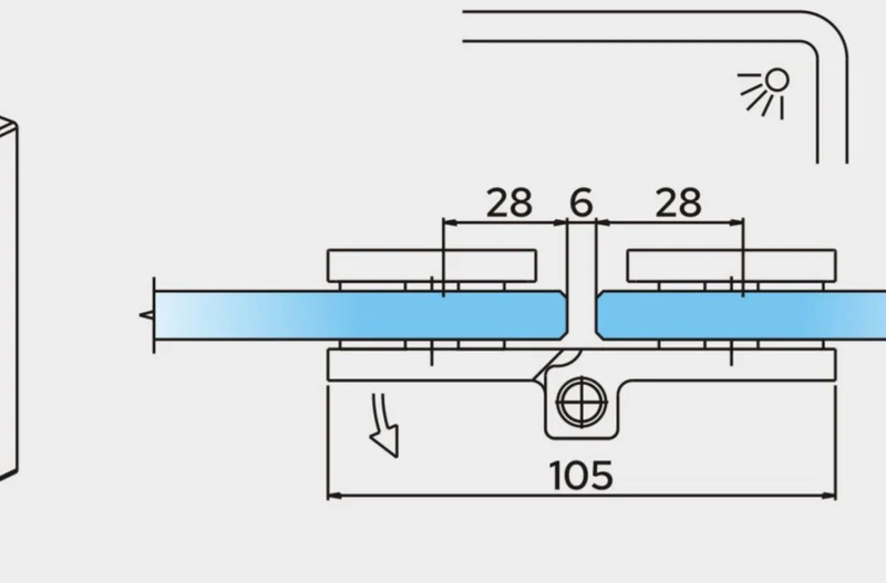 COMO Anschlagband 180° Glas-Glas – Messing massiv, 8/10 mm ESG, verdeckte Verschraubung, eckiges Design, Art.Nr. COM180