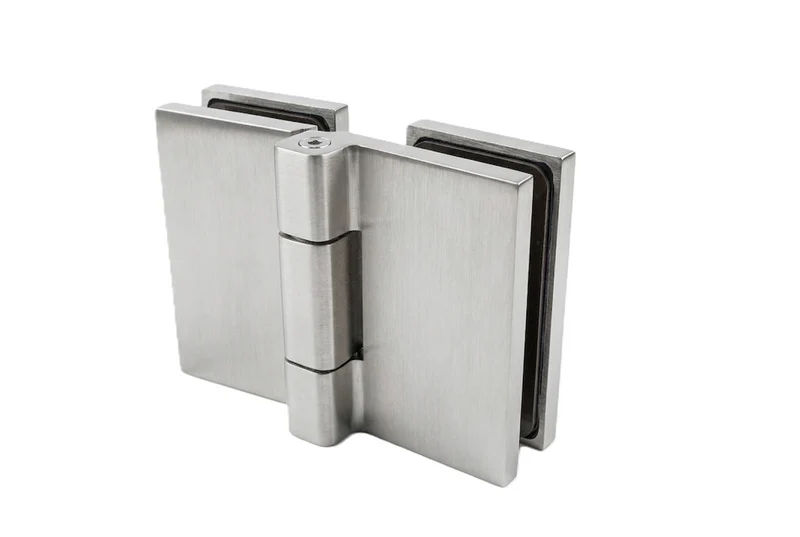 COMO Anschlagband 180° Glas-Glas – Messing massiv, 8/10 mm ESG, verdeckte Verschraubung, eckiges Design, Art.Nr. COM180