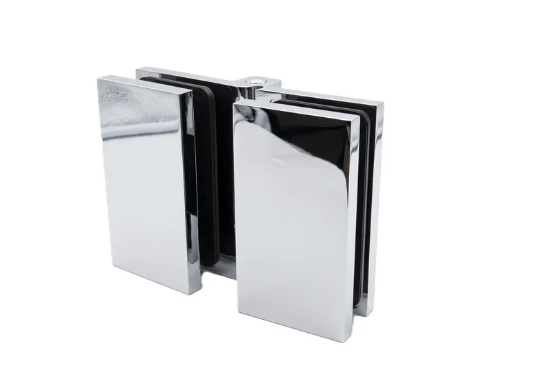 COMO Anschlagband 180° Glas-Glas – Messing massiv, 8/10 mm ESG, verdeckte Verschraubung, eckiges Design, Art.Nr. COM180