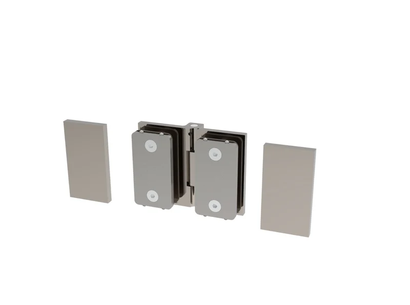 COMO Anschlagband 180° Glas-Glas – Messing massiv, 8/10 mm ESG, verdeckte Verschraubung, eckiges Design, Art.Nr. COM180
