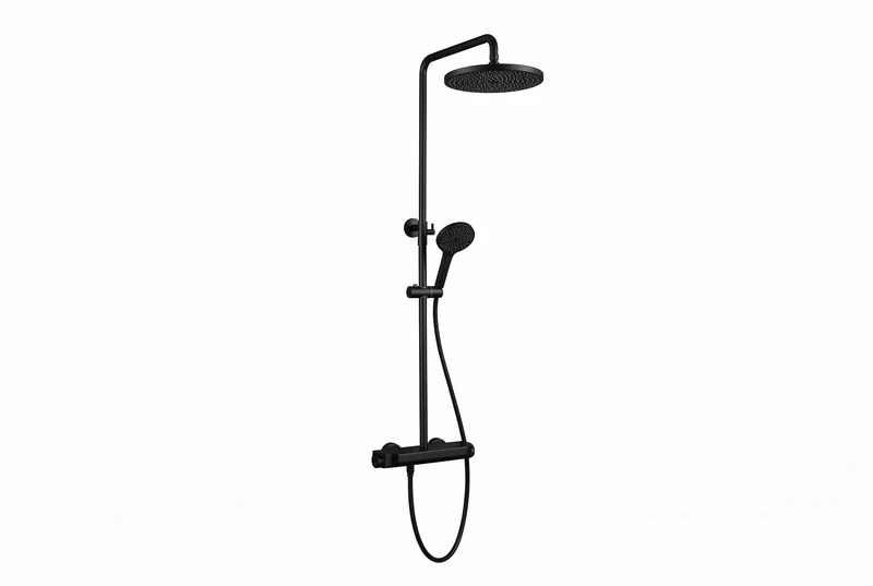 Brause-Set mit Thermostat-Mischbatterie – XXL-Regenbrause Ø 250 mm, 3-fach Handbrause, Glasablage – Schwarz matt oder Chrom