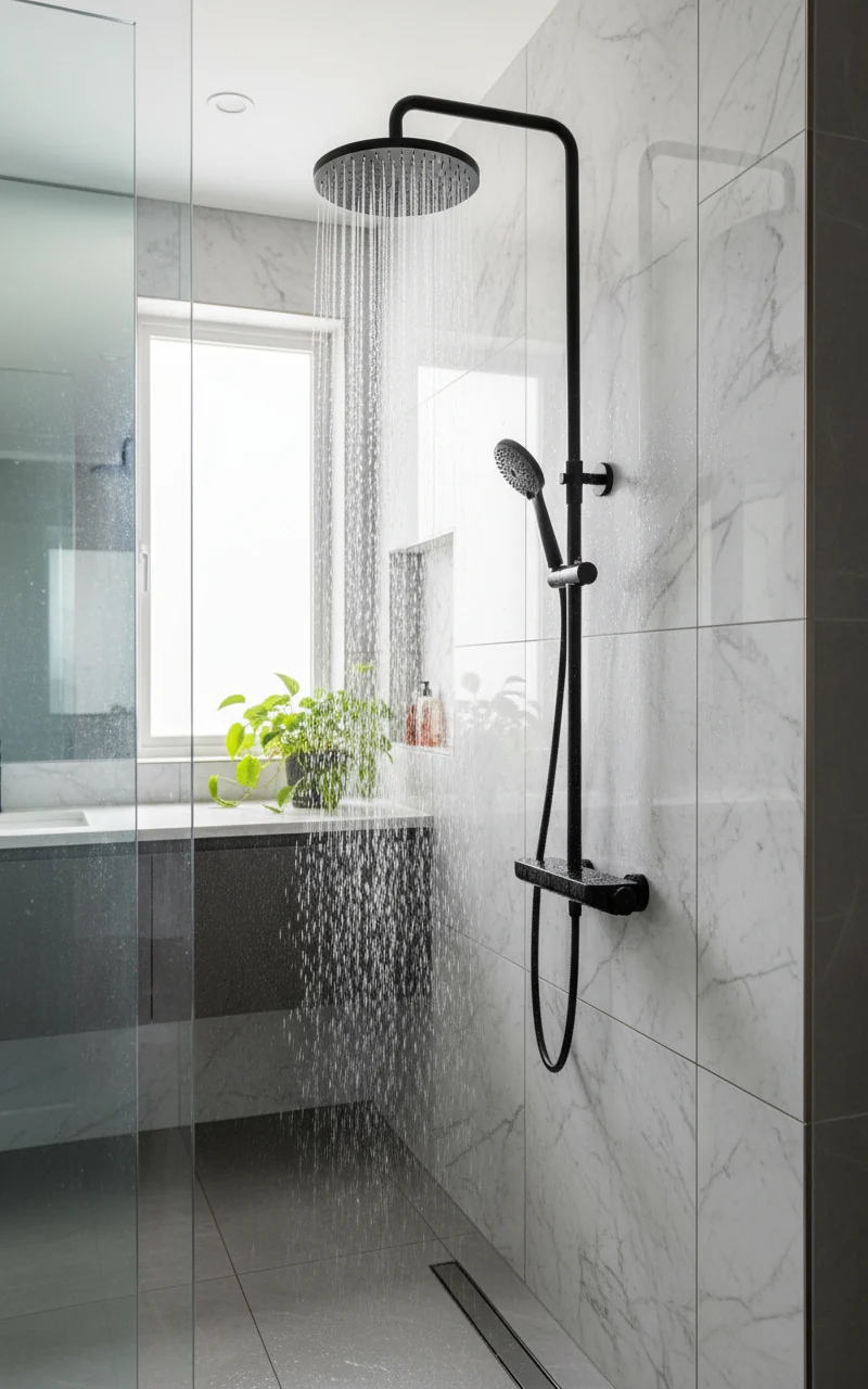 Brause-Set mit Thermostat-Mischbatterie – XXL-Regenbrause Ø 250 mm, 3-fach Handbrause, Glasablage – Schwarz matt oder Chrom