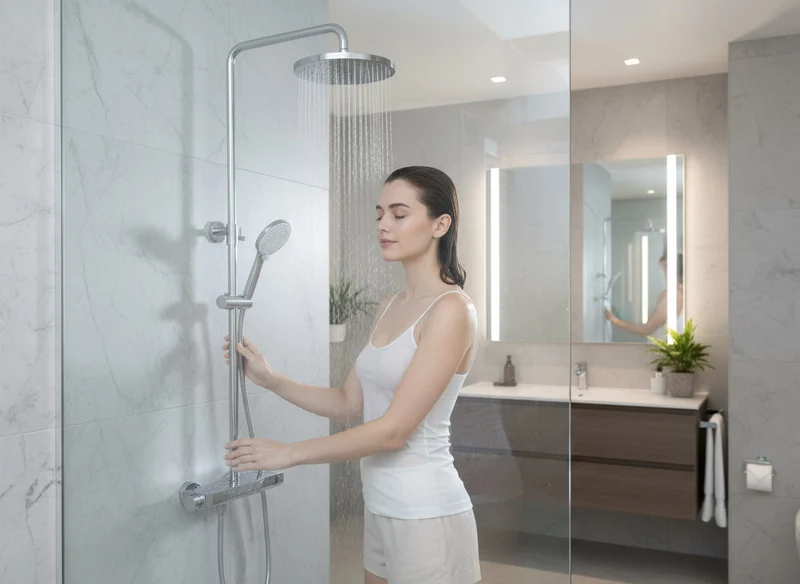 Brause-Set mit Thermostat-Mischbatterie – XXL-Regenbrause Ø 250 mm, 3-fach Handbrause, Glasablage – Schwarz matt oder Chrom