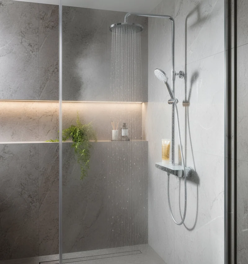 Brause-Set mit Thermostat-Mischbatterie – XXL-Regenbrause Ø 250 mm, 3-fach Handbrause, Glasablage – Schwarz matt oder Chrom
