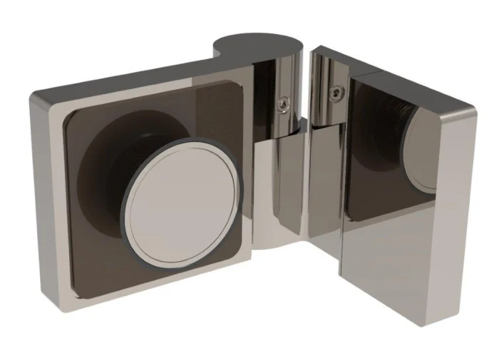 Lugano Scharnier Glas-Wand 90° Hebe-Senk, flächenbündig, Massivmessing, 8/10 mm ESG, Art.Nr. LUG044