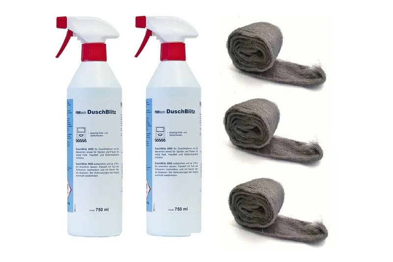 Profi-Set Duschglas-Reinigung – 2x DuschBlitz Pflegereiniger und 3 m Stahlwolle, Art.Nr. 061020