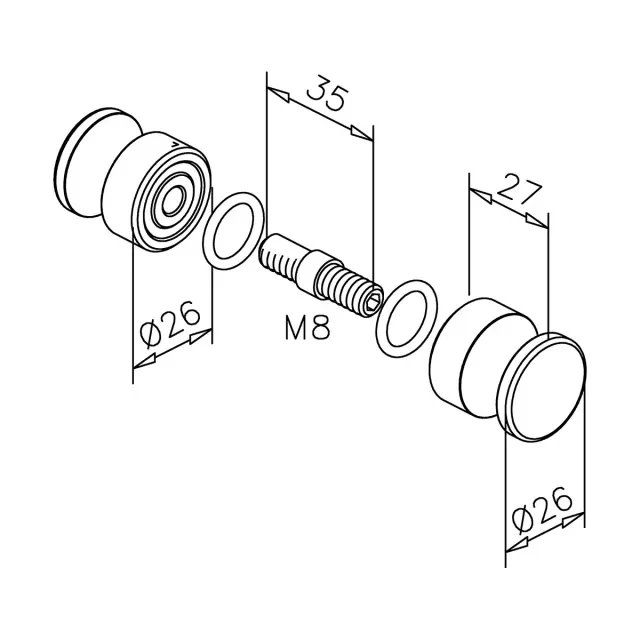 Dusch-Türknopf – V2A Edelstahl zierlich Ø 26 mm, 8–12 mm Glas, Art.Nr. 102