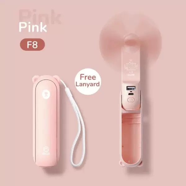 Unisex standard størrelse sammenleggbar oppladbar bærbar mini-vifte med integrert USB-powerbank og lanyard Luvikno