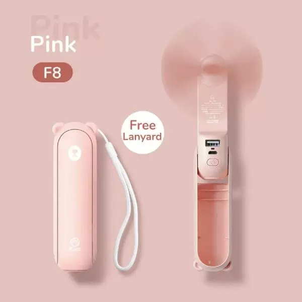 Unisex standard størrelse sammenleggbar oppladbar bærbar mini-vifte med integrert USB-powerbank og lanyard Luvikno
