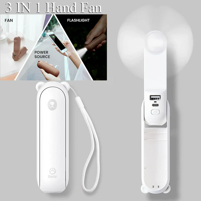 Unisex en størrelse sammenleggbar oppladbar håndvifte med innebygd powerbank og doble USB-ladeporter Luvikno