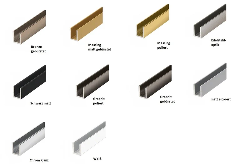 Alu U-Profil – Silikonverklebung Glasscheibe, 14 Farben, Art.Nr. SDCD3812