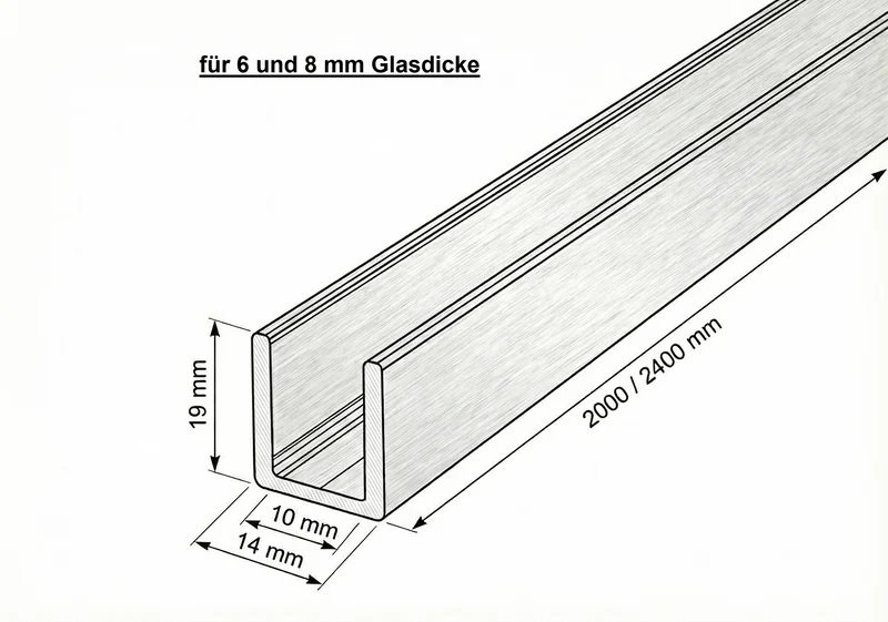 Alu U-Profil – Silikonverklebung Glasscheibe, 14 Farben, Art.Nr. SDCD3812