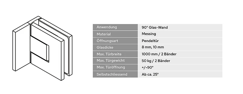 Bellagio Pendeltürband 90° Glas-Wand – 50 kg, 8/10 mm ESG, 11 Oberflächen, Art.Nr. BEL344