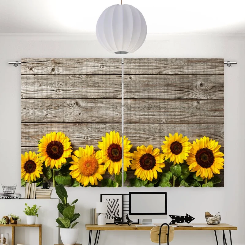 Vorhang Motiv "Sonnenblumen Holzwand"