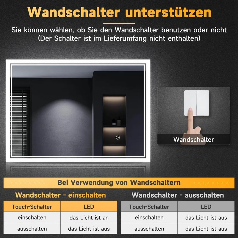 SONNI Badspiegel mit Beleuchtung Halbrund LED Spiegel mit Touch-Schalter und Dimmbar, Beschlagfrei, 3 einstellbare Lichtfarben, Badezimmerspiegel mit Beleuchtung IP44
