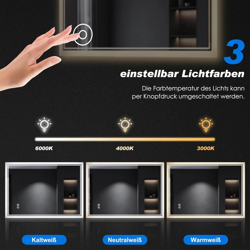 SONNI Badspiegel mit Beleuchtung Halbrund LED Spiegel mit Touch-Schalter und Dimmbar, Beschlagfrei, 3 einstellbare Lichtfarben, Badezimmerspiegel mit Beleuchtung IP44