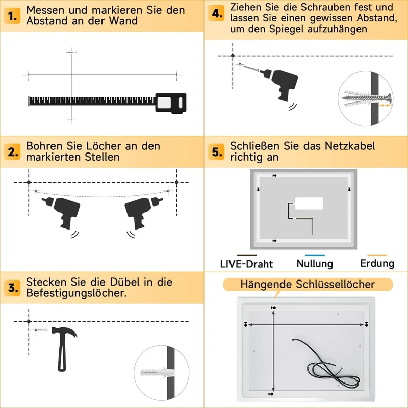 SONNI Badspiegel mit Beleuchtung Halbrund LED Spiegel mit Touch-Schalter und Dimmbar, Beschlagfrei, 3 einstellbare Lichtfarben, Badezimmerspiegel mit Beleuchtung IP44