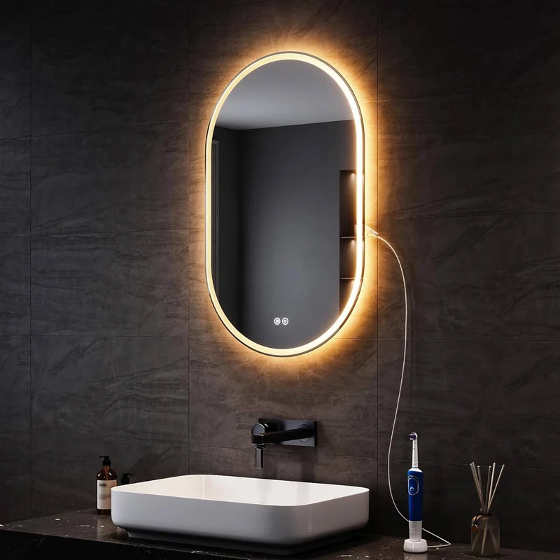 SONNI LED Spiegel Oval Wandspiegel mit DREI Lichtarten, Antibeschlag, Steckdose und Touch-Schalter, Spiegel Bad mit Beleuchtung Dekorative Wandspiegel Horizontal oder vertikal aufgehängt
