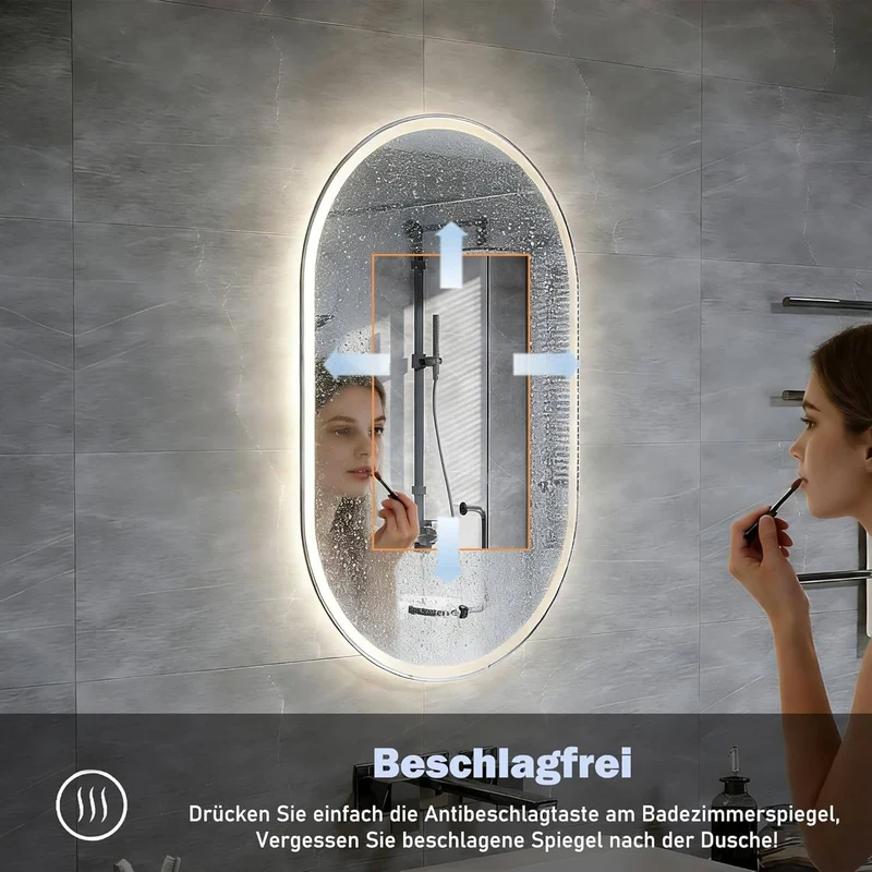 SONNI LED Spiegel Oval Wandspiegel mit DREI Lichtarten, Antibeschlag, Steckdose und Touch-Schalter, Spiegel Bad mit Beleuchtung Dekorative Wandspiegel Horizontal oder vertikal aufgehängt