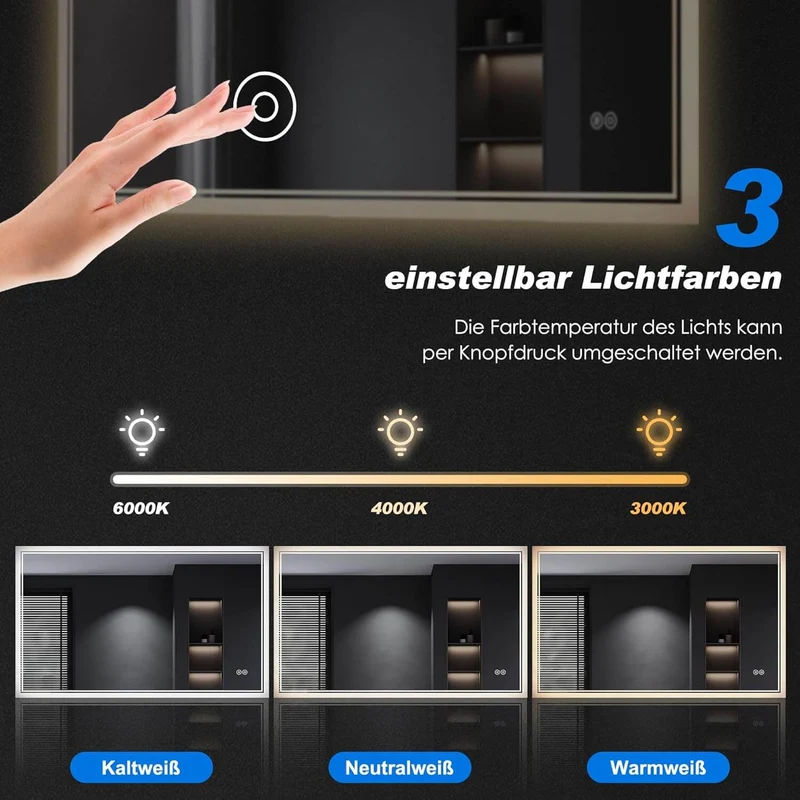 SONNI LED Spiegel Oval Wandspiegel mit DREI Lichtarten, Antibeschlag, Steckdose und Touch-Schalter, Spiegel Bad mit Beleuchtung Dekorative Wandspiegel Horizontal oder vertikal aufgehängt