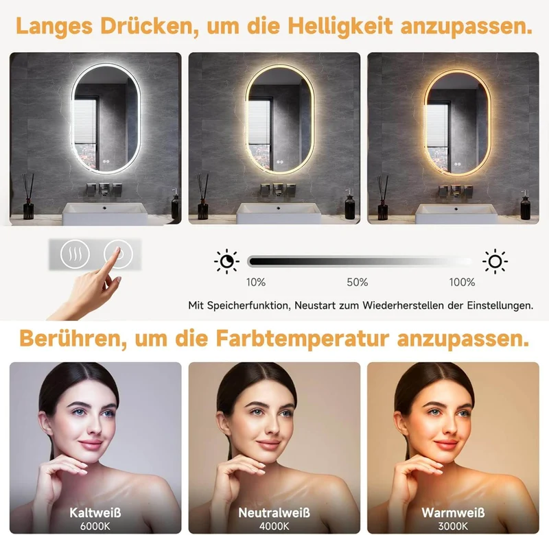 SONNI LED Spiegel Oval Wandspiegel mit DREI Lichtarten, Antibeschlag, Steckdose und Touch-Schalter, Spiegel Bad mit Beleuchtung Dekorative Wandspiegel Horizontal oder vertikal aufgehängt