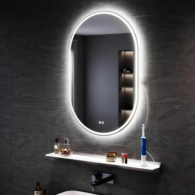 SONNI LED Spiegel Oval Wandspiegel mit DREI Lichtarten, Antibeschlag, Steckdose und Touch-Schalter, Spiegel Bad mit Beleuchtung Dekorative Wandspiegel Horizontal oder vertikal aufgehängt