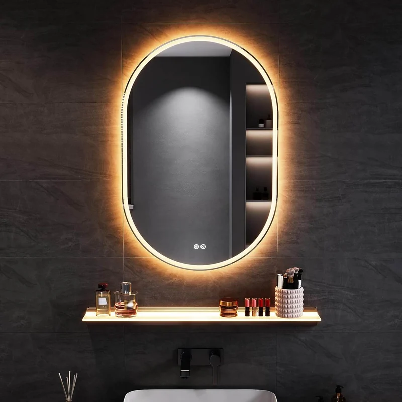 SONNI LED Spiegel Oval Wandspiegel mit DREI Lichtarten, Antibeschlag, Steckdose und Touch-Schalter, Spiegel Bad mit Beleuchtung Dekorative Wandspiegel Horizontal oder vertikal aufgehängt