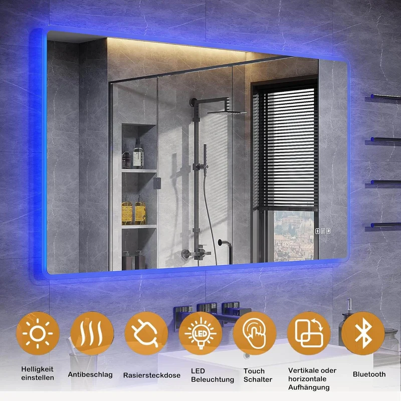 SONNI LED Badspiegel Wandspiegel mit Beleuchtung(Weißes/Blaues/Violettes Licht), Steckdose und Bluetooth, Anti-Beschlag und Touch-Schalter Kosmetikspiegel Schminkspiegel