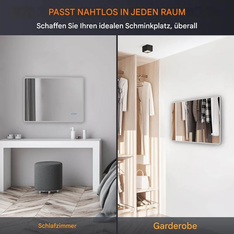 SONNI LED Badspiegel Wandspiegel mit Beleuchtung(Weißes/Blaues/Violettes Licht), Steckdose und Bluetooth, Anti-Beschlag und Touch-Schalter Kosmetikspiegel Schminkspiegel