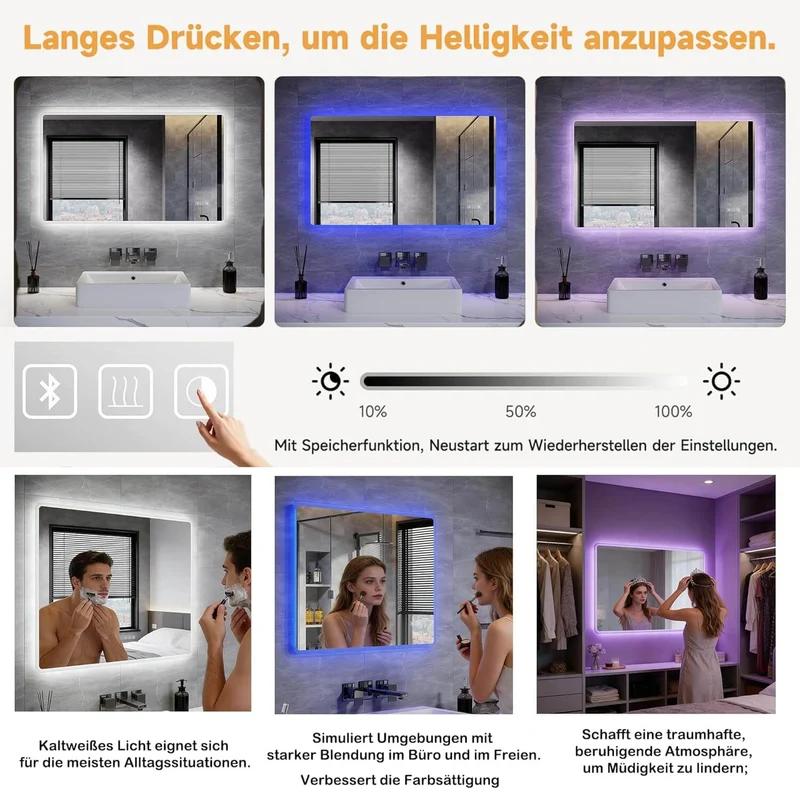 SONNI LED Badspiegel Wandspiegel mit Beleuchtung(Weißes/Blaues/Violettes Licht), Steckdose und Bluetooth, Anti-Beschlag und Touch-Schalter Kosmetikspiegel Schminkspiegel
