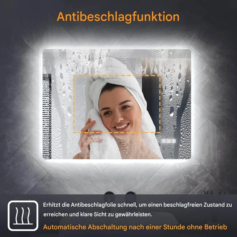 SONNI LED Badspiegel Wandspiegel mit Beleuchtung(Weißes/Blaues/Violettes Licht), Steckdose und Bluetooth, Anti-Beschlag und Touch-Schalter Kosmetikspiegel Schminkspiegel