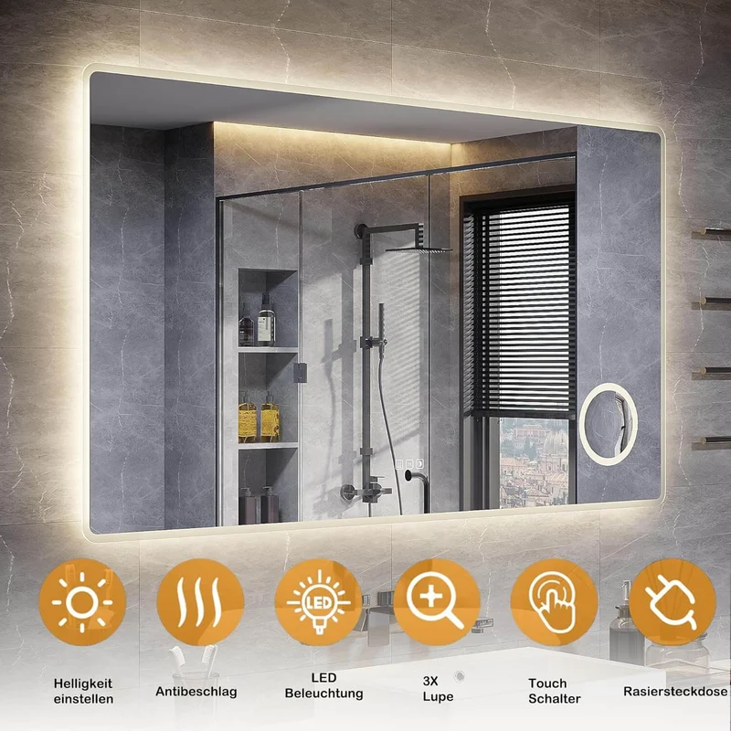 SONNI LED Badspiegel 80 x 60 cm Spiegel Bad mit Beleuchtung, 3 Farbe modi, Steckdose, 3X Lupe, Anti-Beschlag und Touch-Schalter Wandspiegel Kosmetikspiegel