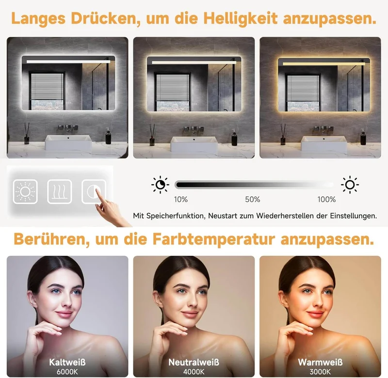 SONNI LED Badspiegel 80 x 60 cm Spiegel Bad mit Beleuchtung, 3 Farbe modi, Steckdose, 3X Lupe, Anti-Beschlag und Touch-Schalter Wandspiegel Kosmetikspiegel