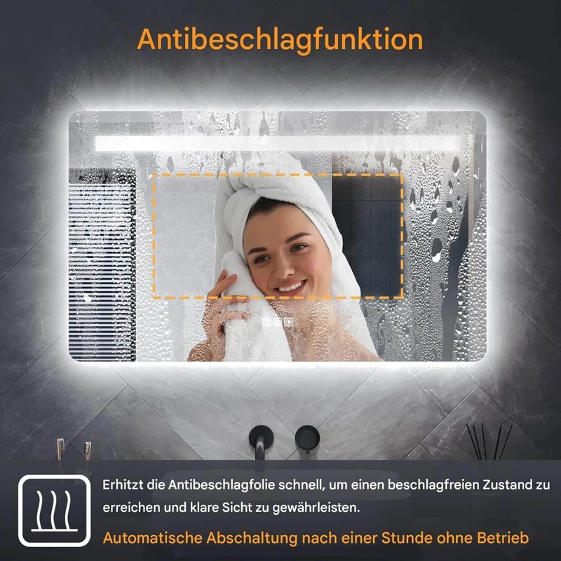 SONNI LED Badspiegel 80 x 60 cm Spiegel Bad mit Beleuchtung, 3 Farbe modi, Steckdose, 3X Lupe, Anti-Beschlag und Touch-Schalter Wandspiegel Kosmetikspiegel