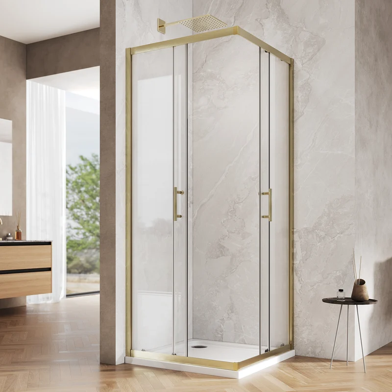 SONNI Duschkabine Eckeinstieg Schiebetür Gold Aluminiumrahmen ESG Glas 70–90 cm Höhe 190 cm