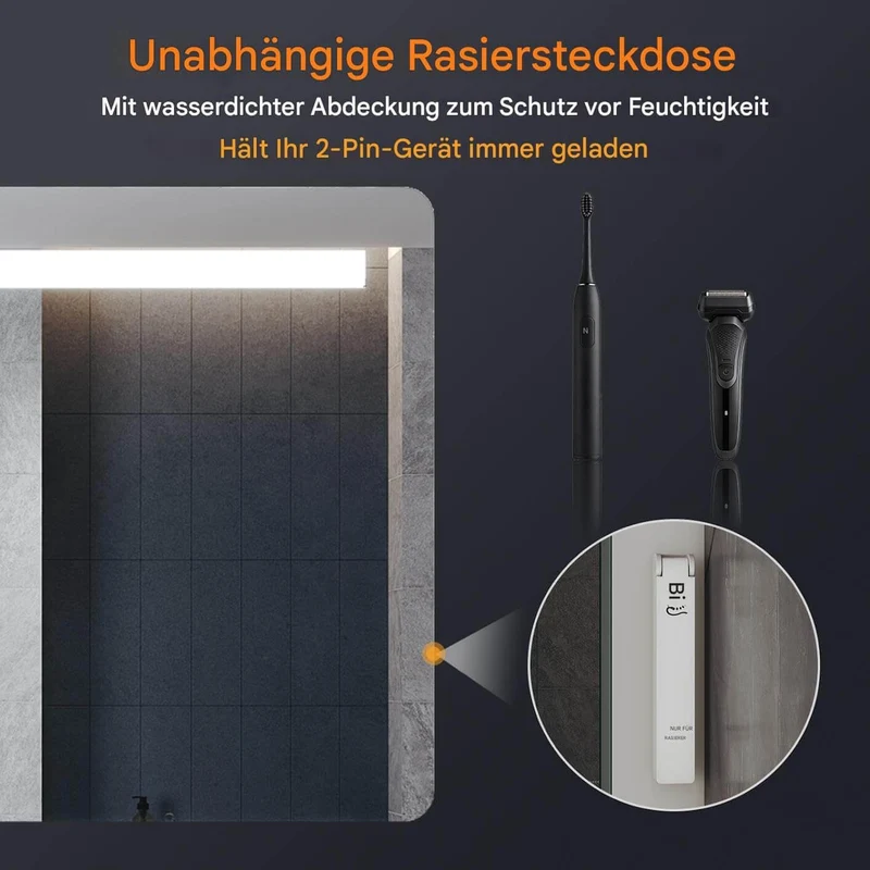 SONNI Badezimmerspiegel mit Beleuchtung, Kosmetikspiegel, Wandspiegel, linearem Lichtstreifen, DREI Farbtemperaturen + stufenloses Dimmen + Steckdose, beschlagfrei, Dual-Touch, Badspiegel