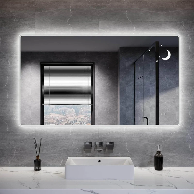 SONNI Badezimmer Spiegel mit Beleuchtung Wandspiegel, Kosmetikspiegel mit modernes Muster, 3 Farbe einstellbar, Steckdose und Antibeschlag, horizontal oder vertikal montierbar