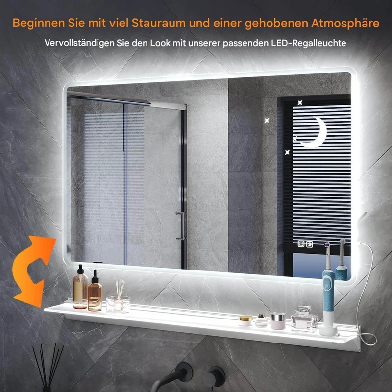 SONNI Badezimmer Spiegel mit Beleuchtung Wandspiegel, Kosmetikspiegel mit modernes Muster, 3 Farbe einstellbar, Steckdose und Antibeschlag, horizontal oder vertikal montierbar