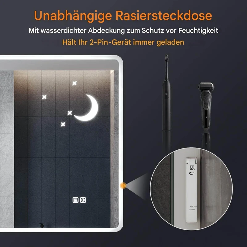 SONNI Badezimmer Spiegel mit Beleuchtung Wandspiegel, Kosmetikspiegel mit modernes Muster, 3 Farbe einstellbar, Steckdose und Antibeschlag, horizontal oder vertikal montierbar