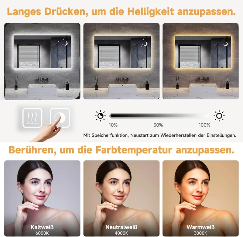 SONNI Badezimmer Spiegel mit Beleuchtung Wandspiegel, Kosmetikspiegel mit modernes Muster, 3 Farbe einstellbar, Steckdose und Antibeschlag, horizontal oder vertikal montierbar